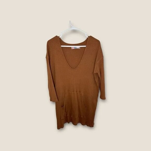 Free People Beach Phoenix Ribbed Sweatshirt Tunic Dress Tan Size Large - Picture 1 of 5